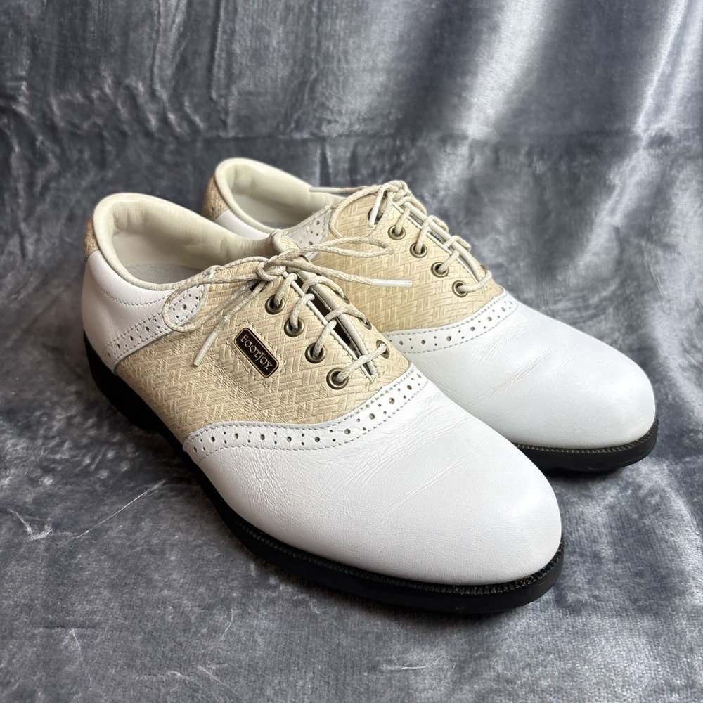 Foot Joy DryJoys Women's Size 6 White Tan Golf Shoes Brogue Soft Spikes 99127